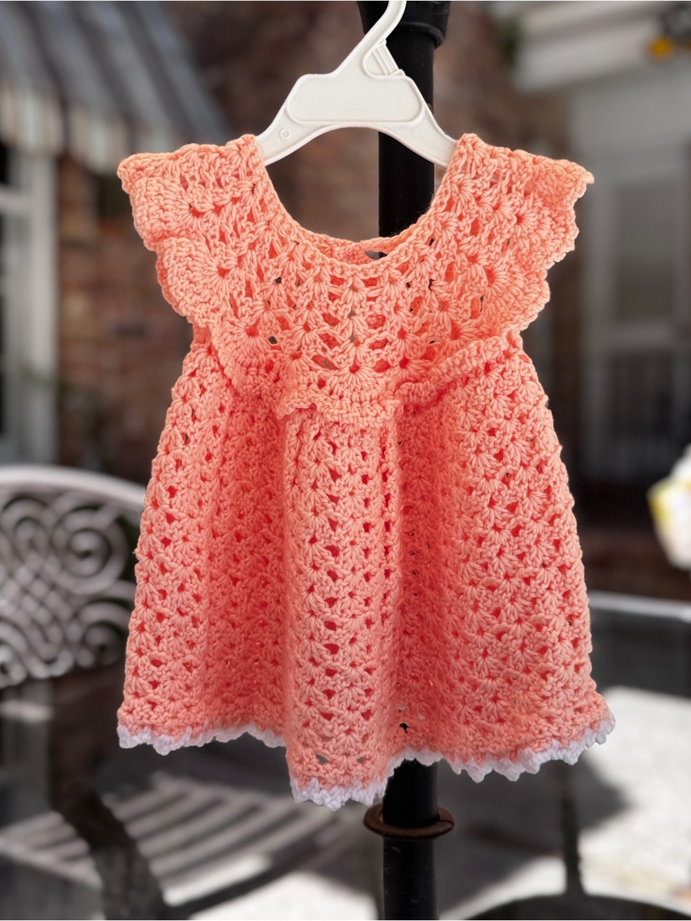 Pretty Peach colored Knit Crochet dress w/matching bonnet and booties, 3
